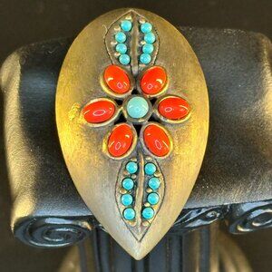 🌿 Vintage Boho Brass Brooch with Coral & Turquoise Stones – Southwestern Tribal